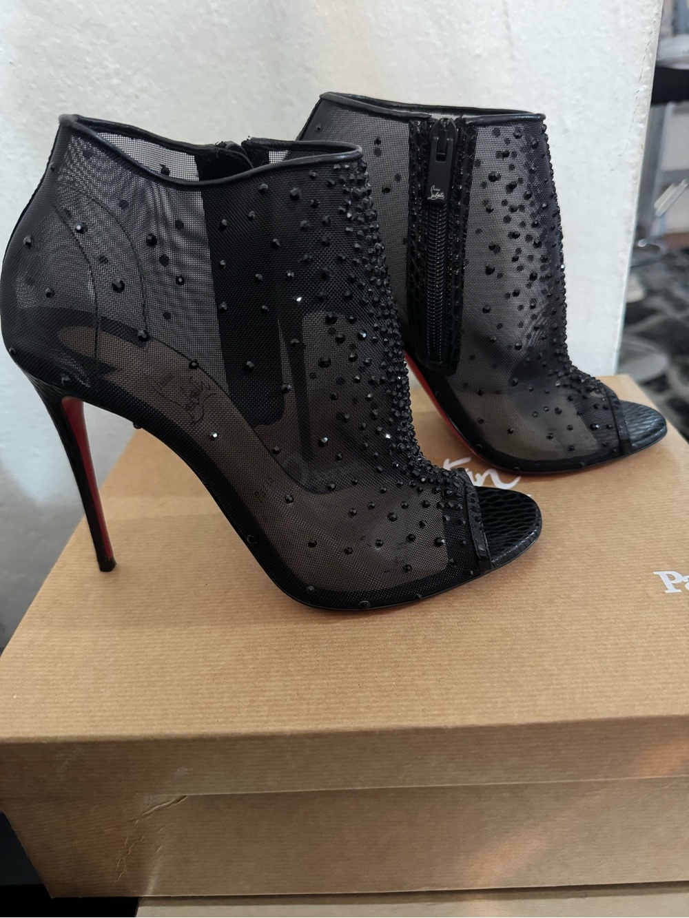 Christian Louboutin Black Sheer Beaded Peep-Toe Stiletto Booties with Red Sole